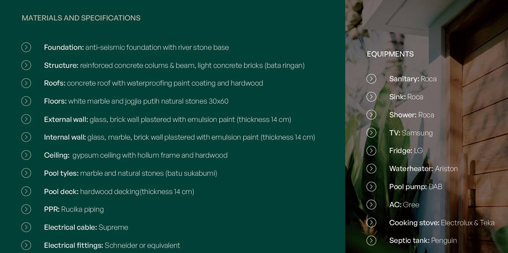 Materials and specifications villa for sale in Kuta Lombok