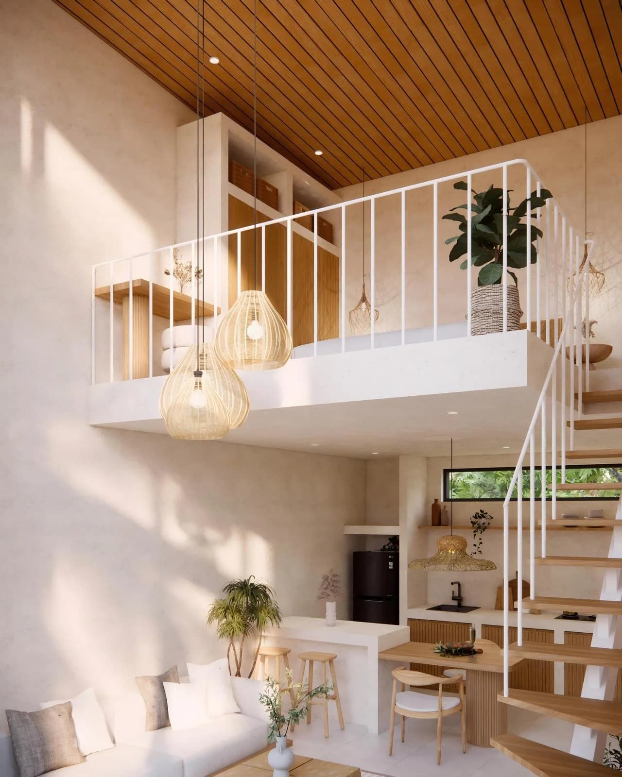 Living space and staircase leading to the mezzanine bedroom