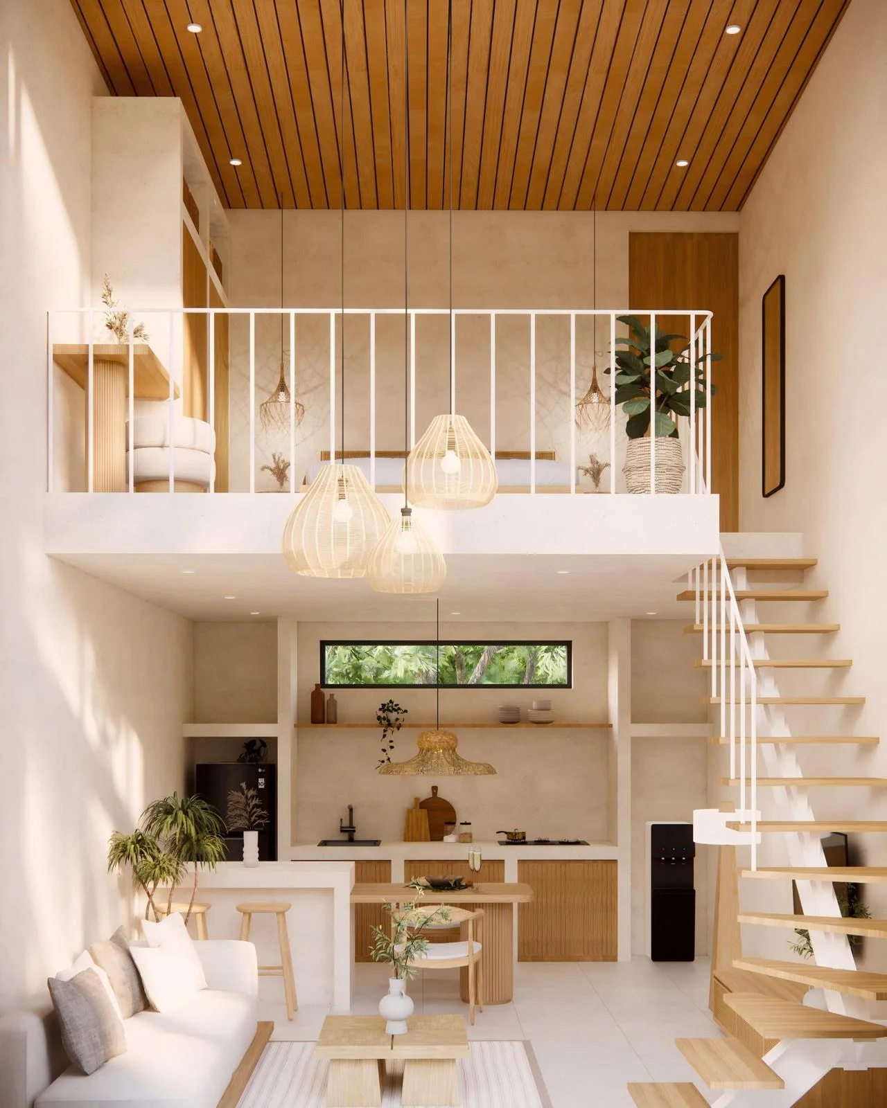 Interior view of the open-plan ground floor of a South Lombok loft villa