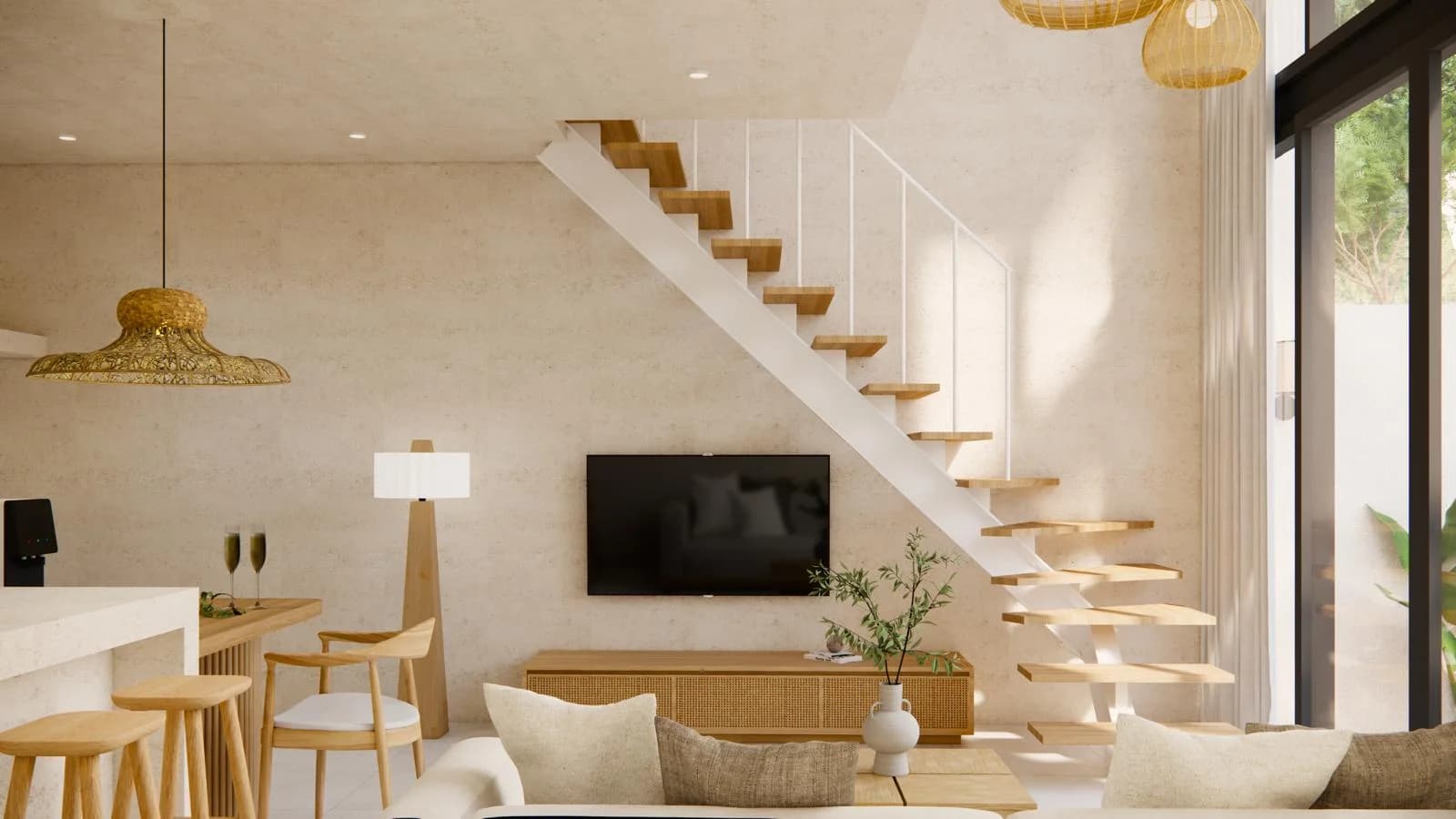 Double-height living room opening onto the private courtyard and pool