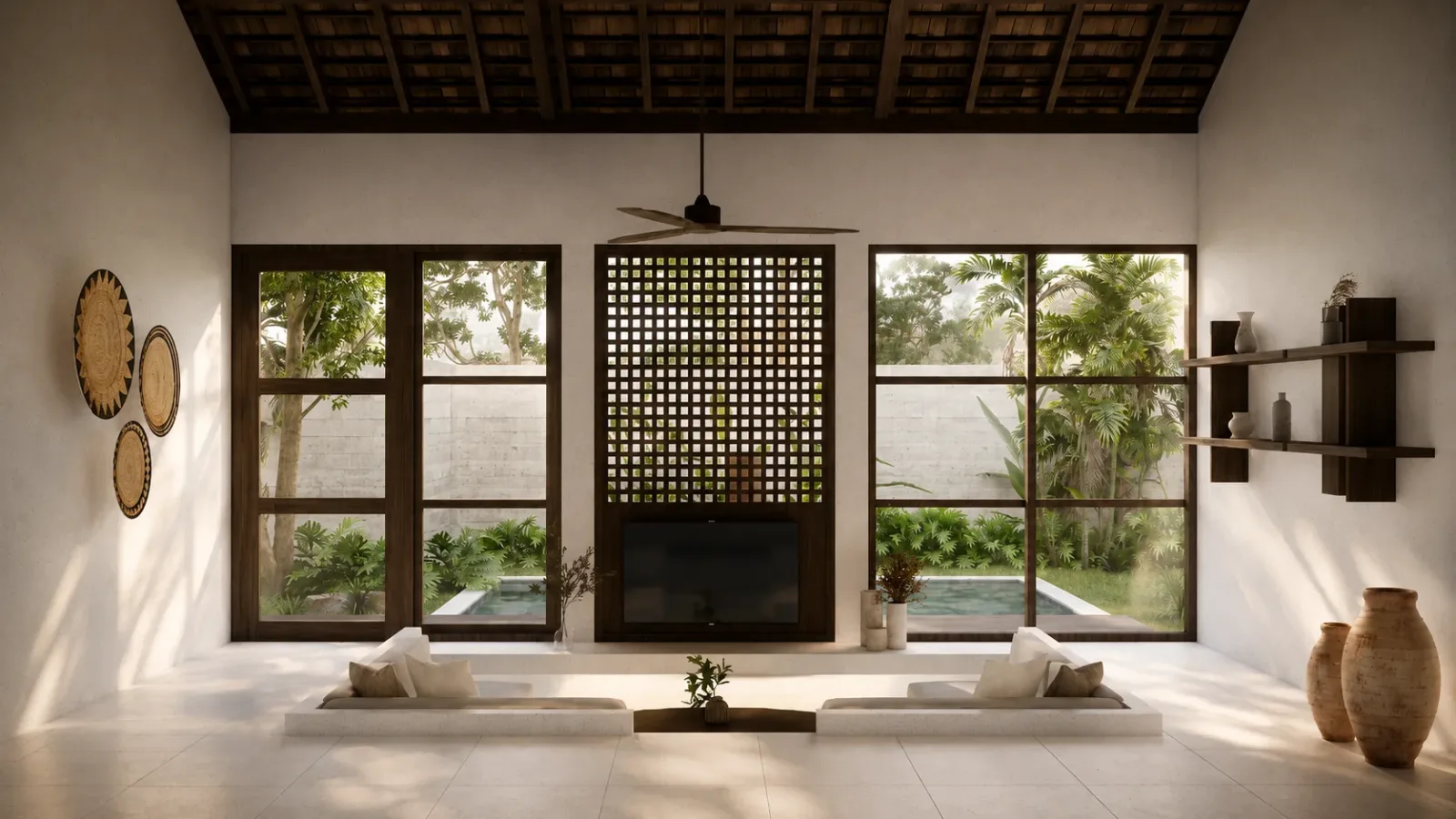 Open living area of a Kuta tropical villa for sale with natural materials and garden views